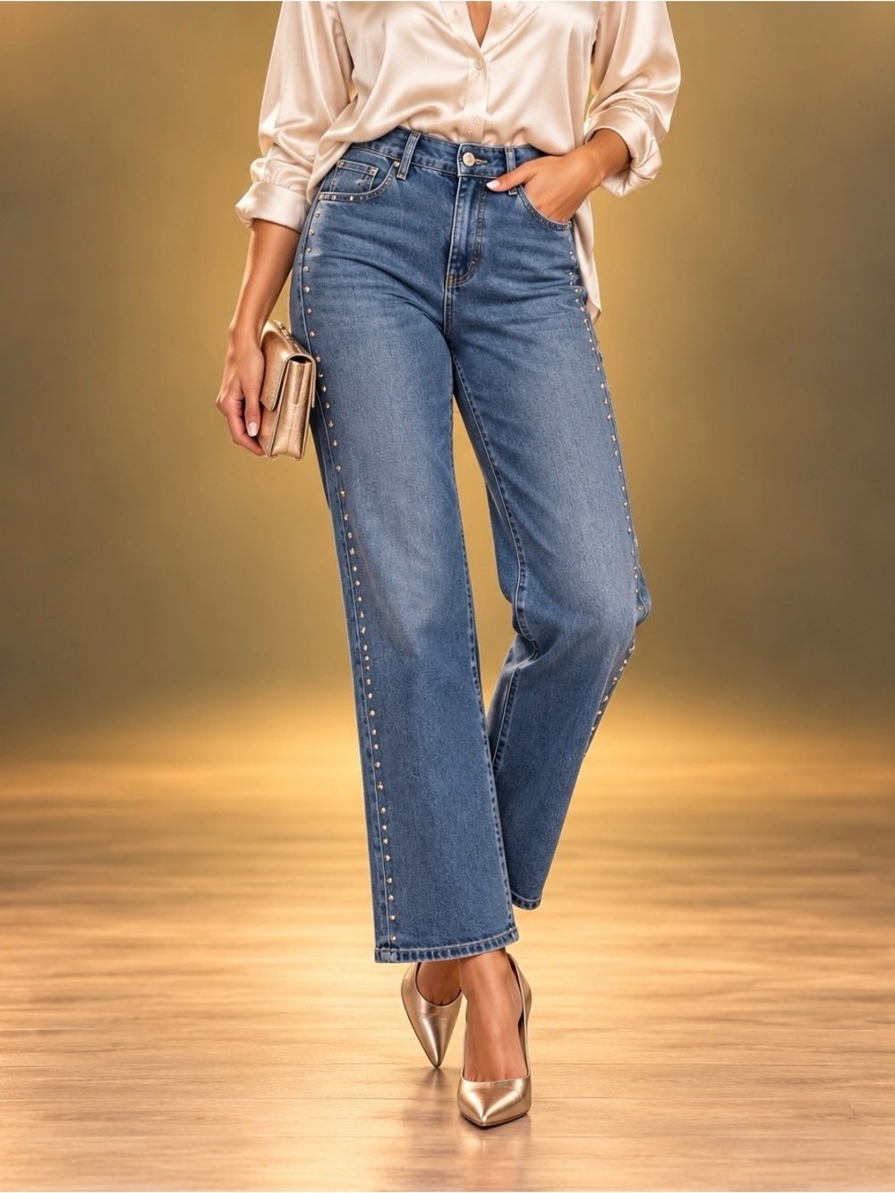 Express Embellished Jeans Women’s Size 12 NWT Gold Stud Straight Leg
